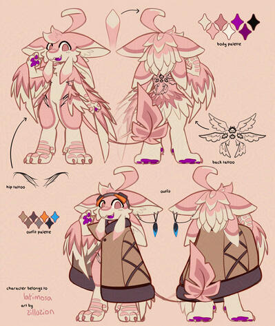 for Latimosa, ref sheet + fullbody alt outfit, extra isolated markings/detail art