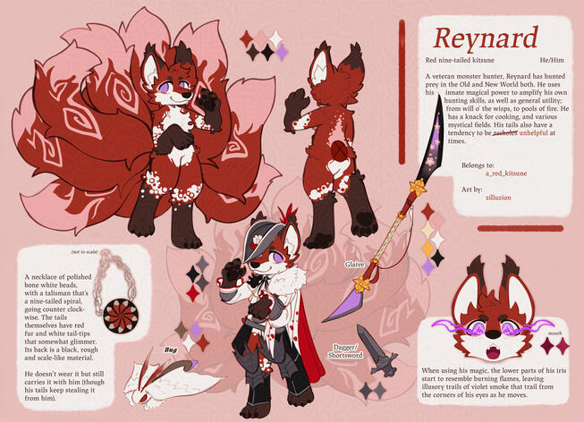 for A Red Kitsune, ref sheet + fullbody alt outfit, prop/weapon/item x4, simple/symmetry face-only expression