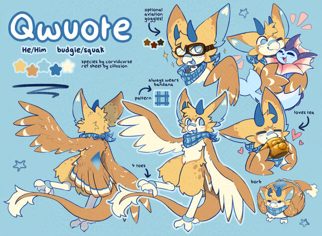 for Qwuote, ref sheet + expression headshot/sticker x4